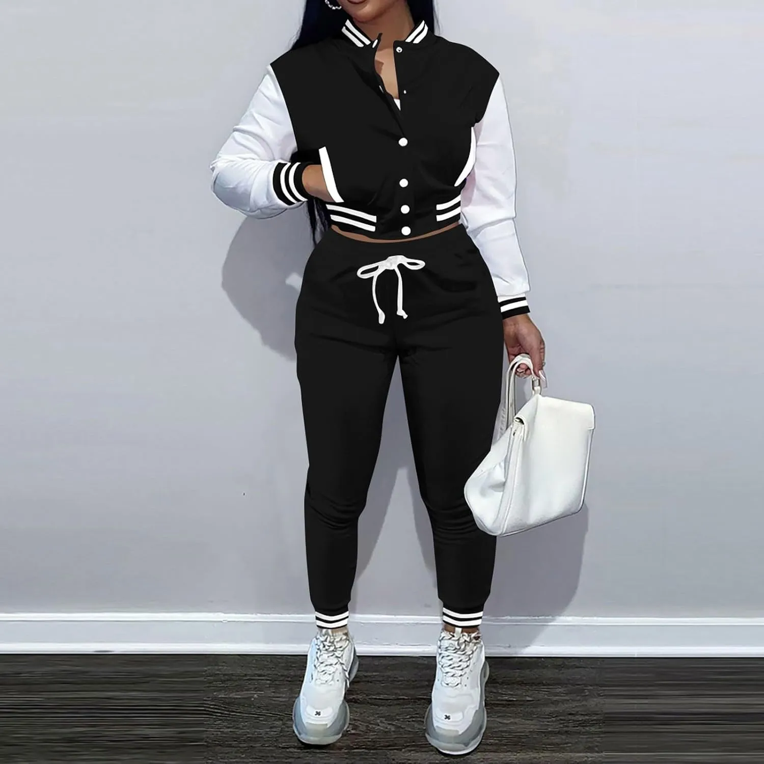 2 Piece Outfit for Women Long Sleeve Cropped Jackets and Drawstring Sweatpants Sets Workout Running Track Suits