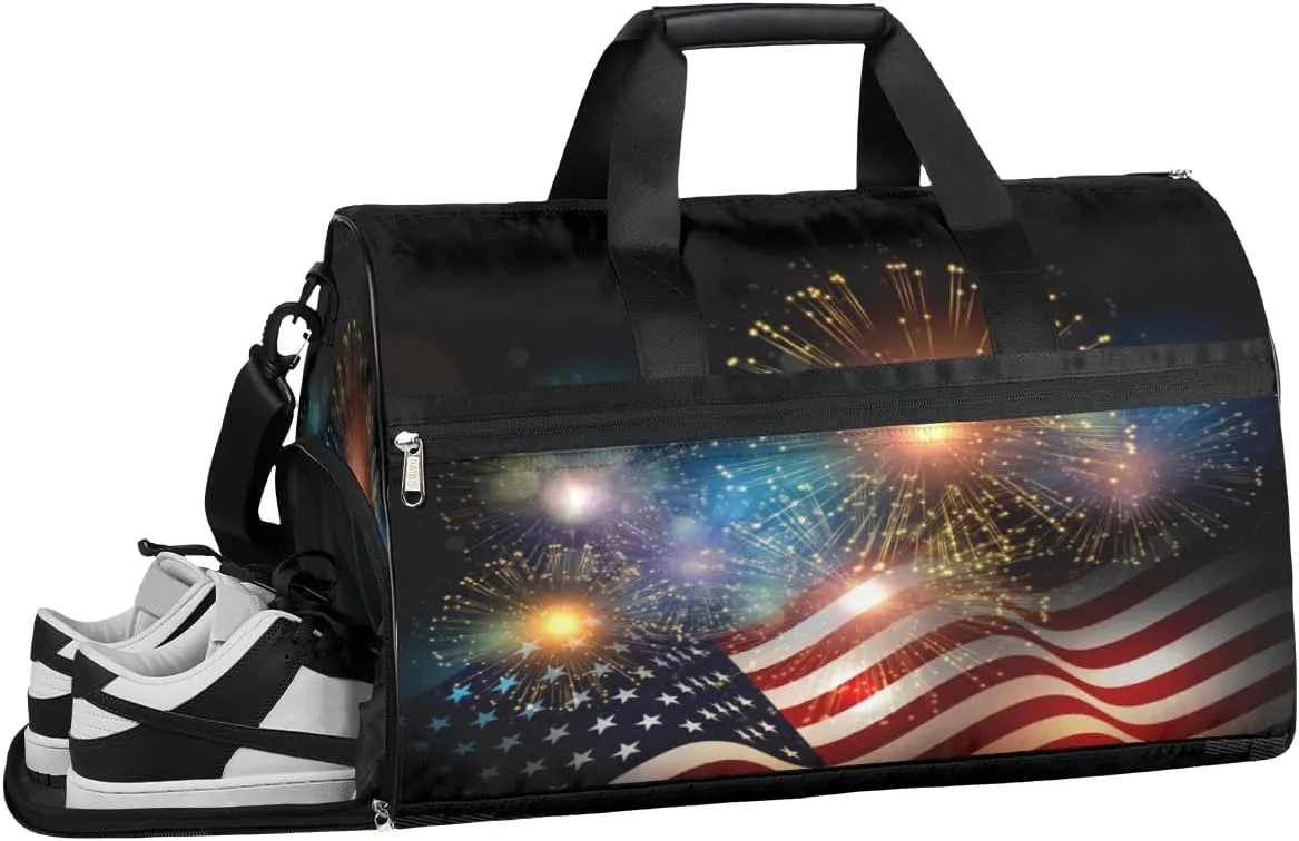 4th Of July American Independence Day Sports Gym Bag with Wet Pocket & Shoes Compartment Waterproof Workout Duffel Bag for Women and Men Weekender Overnight Duffle Bag Travel Carry-on Tote