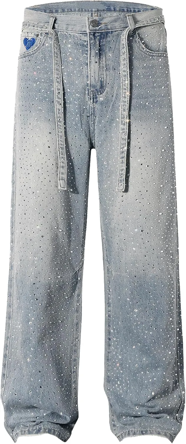 Aelfric Eden Womens Rhinestone Jeans Y2K Wide Leg Pants Unisex Loose Oversized Trousers Casual Baggy Streetwear Denim Pants