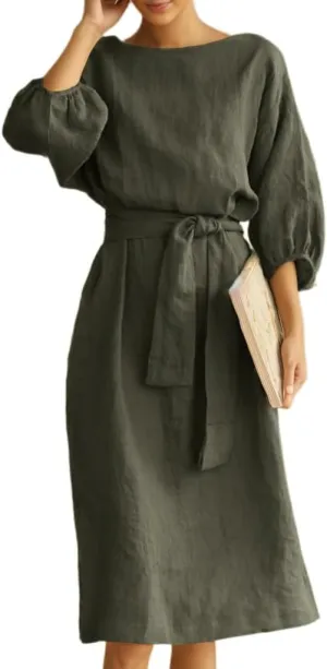 Akivide Women's Cotton Linen Puff Half Sleeve Tie Belt Midi Dress Summer Casual Vacation Shift Crewneck Tshirt Dress
