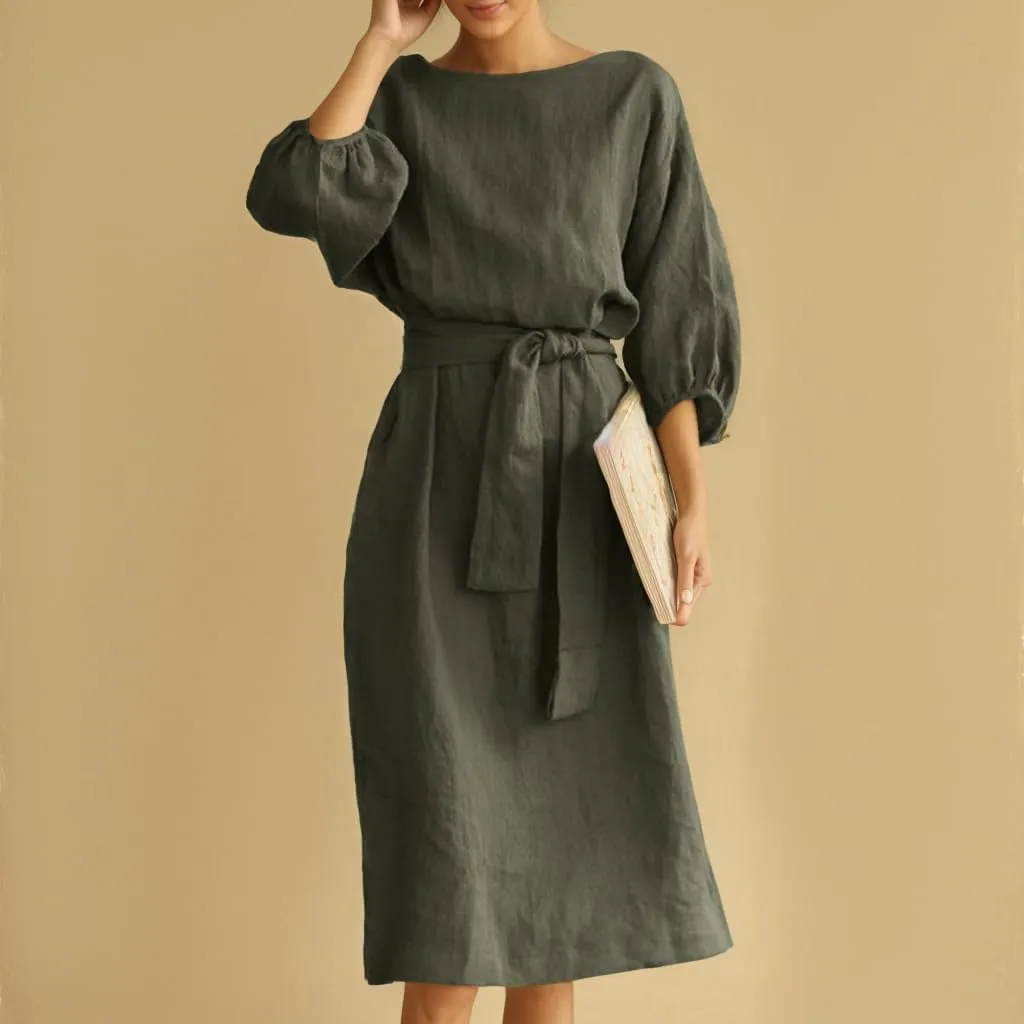 Akivide Women's Cotton Linen Puff Half Sleeve Tie Belt Midi Dress Summer Casual Vacation Shift Crewneck Tshirt Dress