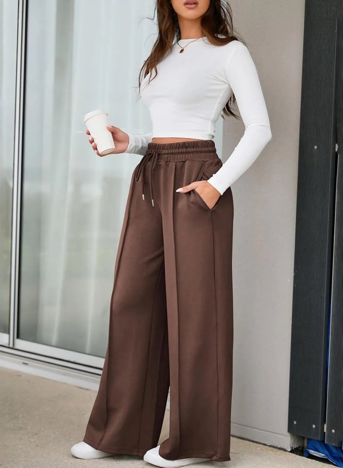 Aleumdr Women's High Waisted Drawstring Waist Wide Leg Sweatpants with Pockets Casual Loose Yoga Pants