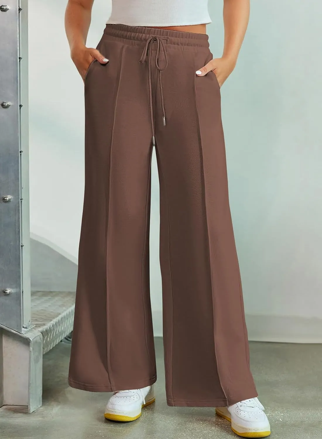 Aleumdr Women's High Waisted Drawstring Waist Wide Leg Sweatpants with Pockets Casual Loose Yoga Pants