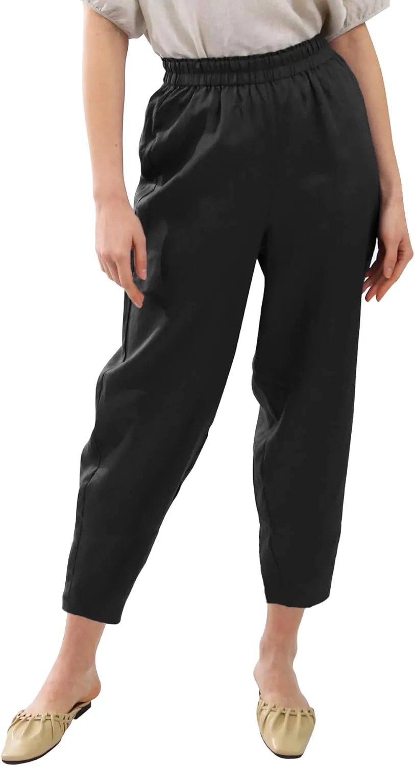 Amazhiyu Womens Pure Linen Casual Elastic Waist Baggy Cropped Pants for Summer