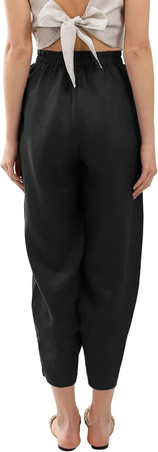 Amazhiyu Womens Pure Linen Casual Elastic Waist Baggy Cropped Pants for Summer