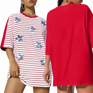 American Flag Stripe Shirt for Women 4th of July T Shirts USA Flag Tees Patriotic Sequin Stars Oversized Casual Tee Tops