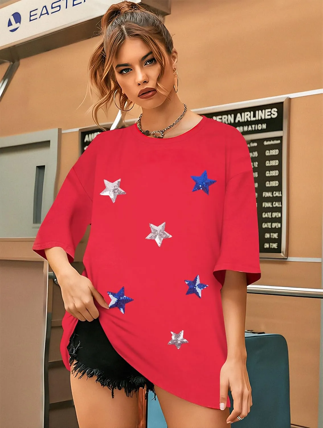 American Flag Stripe Shirt for Women 4th of July T Shirts USA Flag Tees Patriotic Sequin Stars Oversized Casual Tee Tops
