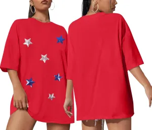 American Flag Stripe Shirt for Women 4th of July T Shirts USA Flag Tees Patriotic Sequin Stars Oversized Casual Tee Tops