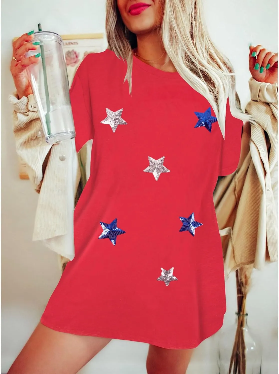 American Flag Stripe Shirt for Women 4th of July T Shirts USA Flag Tees Patriotic Sequin Stars Oversized Casual Tee Tops