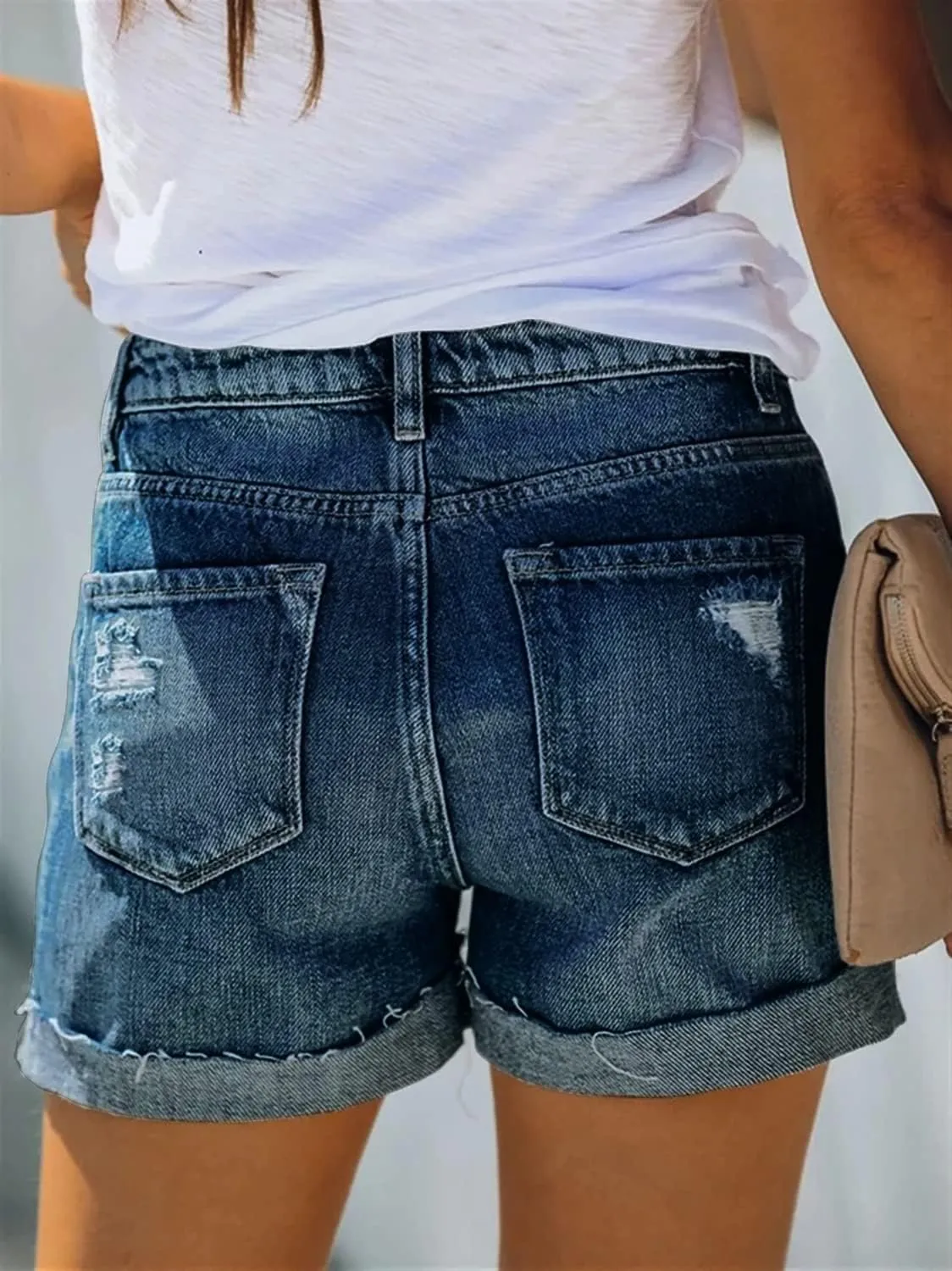 Angerella Denim Shorts for Women Mid Rise Ripped Jean Shorts Stretchy Folded Hem Hot Short Jeans