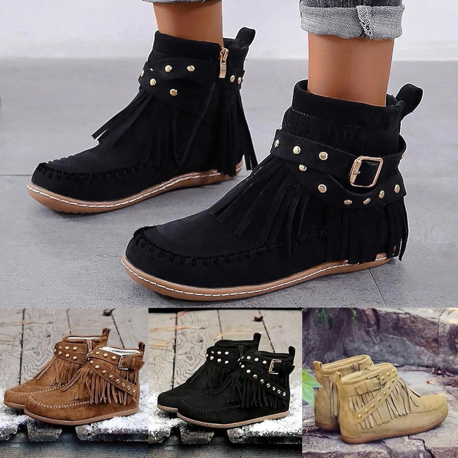 Ankle Boots for Women Low Heel Boots for Women Casual Retro Western Round Toe Short Shoes Tassel Flat Women's Boots