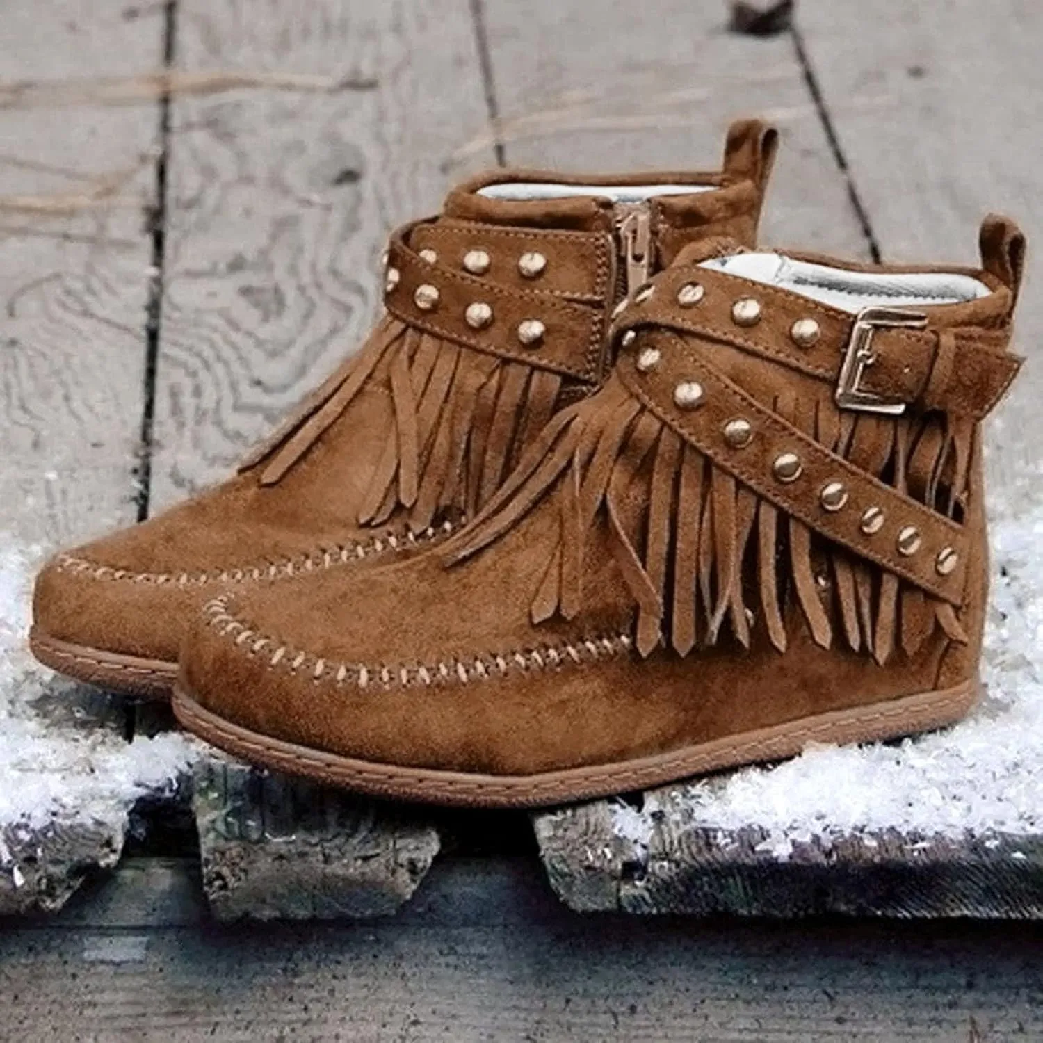 Ankle Boots for Women Low Heel Boots for Women Casual Retro Western Round Toe Short Shoes Tassel Flat Women's Boots