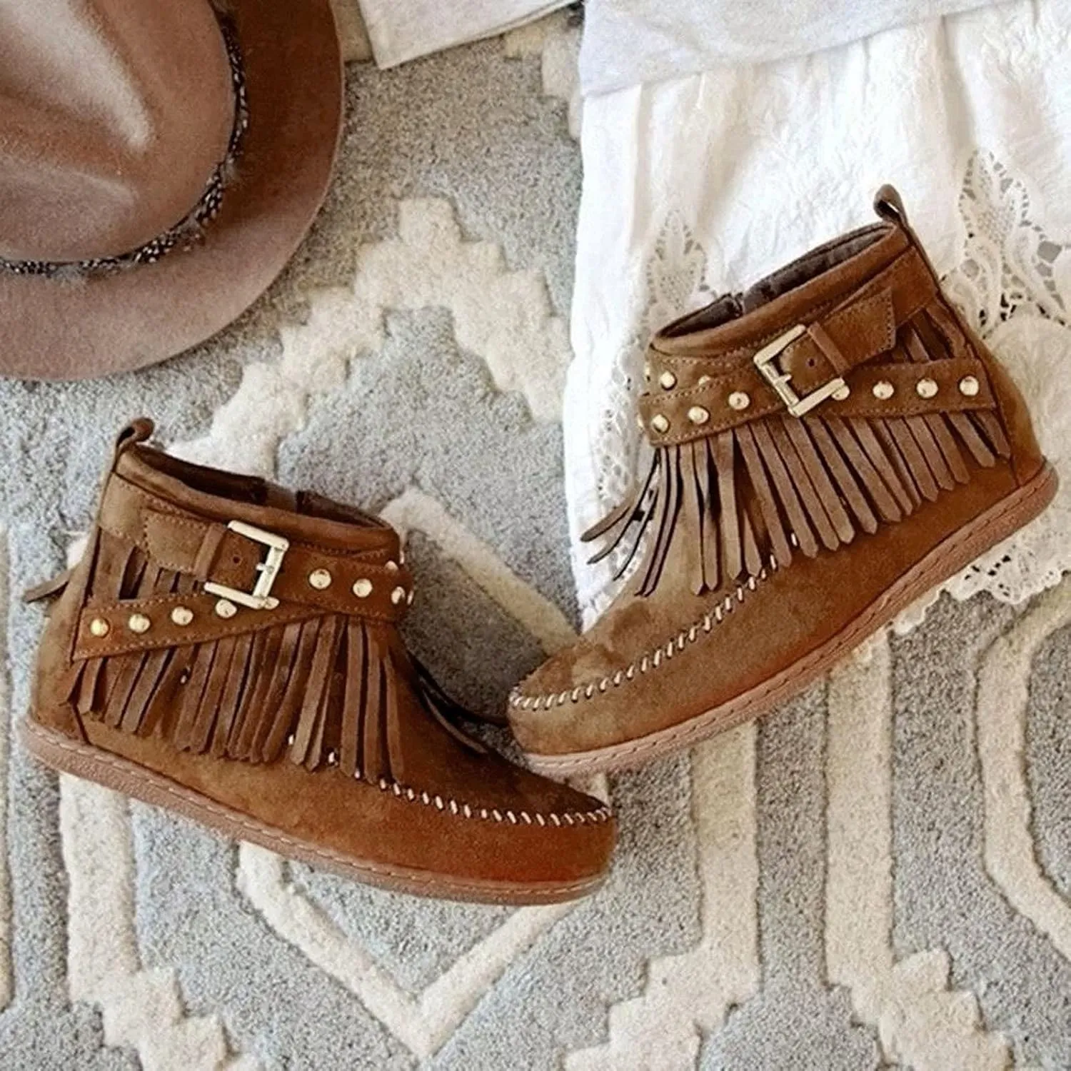 Ankle Boots for Women Low Heel Boots for Women Casual Retro Western Round Toe Short Shoes Tassel Flat Women's Boots