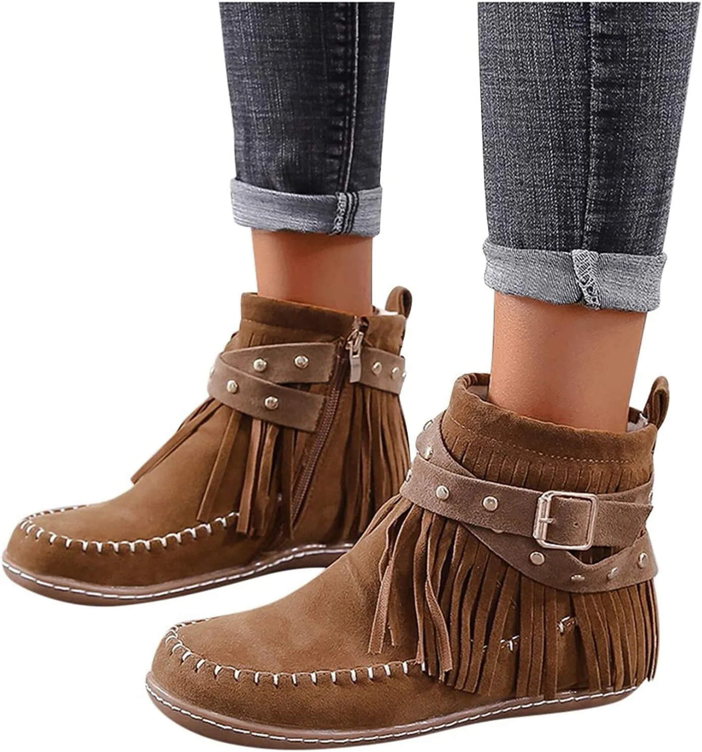 Ankle Boots for Women Low Heel Boots for Women Casual Retro Western Round Toe Short Shoes Tassel Flat Women's Boots