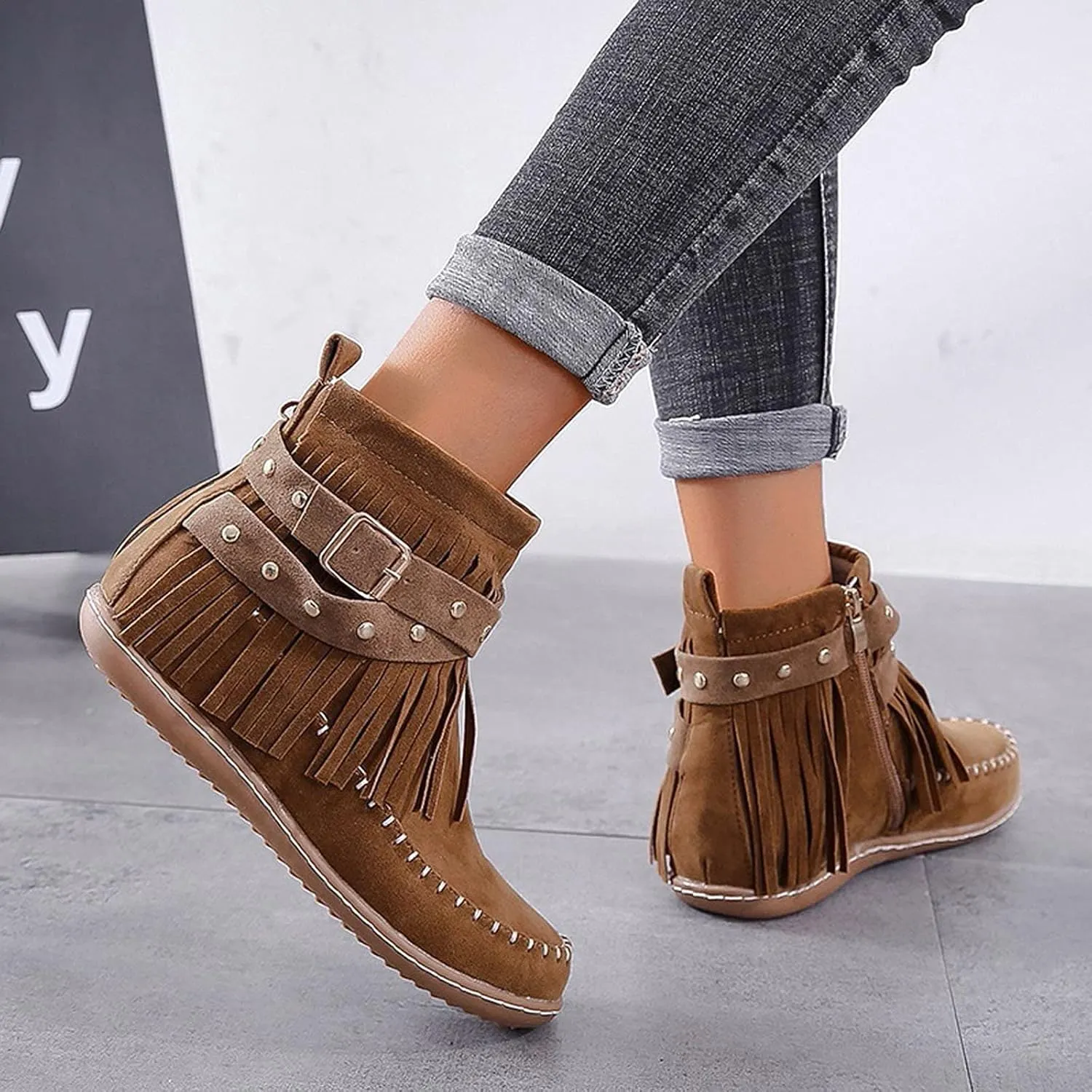 Ankle Boots for Women Low Heel Boots for Women Casual Retro Western Round Toe Short Shoes Tassel Flat Women's Boots