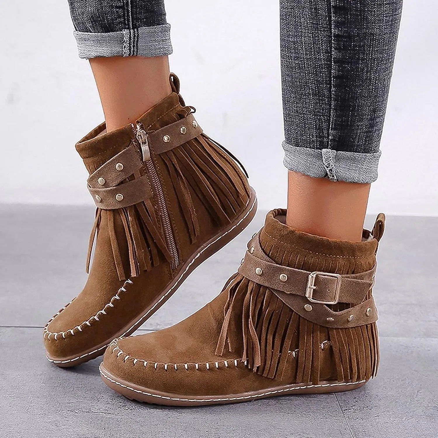Ankle Boots for Women Low Heel Boots for Women Casual Retro Western Round Toe Short Shoes Tassel Flat Women's Boots