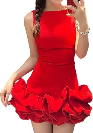 Aonoapll Women Y2k Bubble Tank Dresses Sleeveless Ruffle Hem Bodycon Mini Dress Crew Neck Club Party Short Puffy Dress