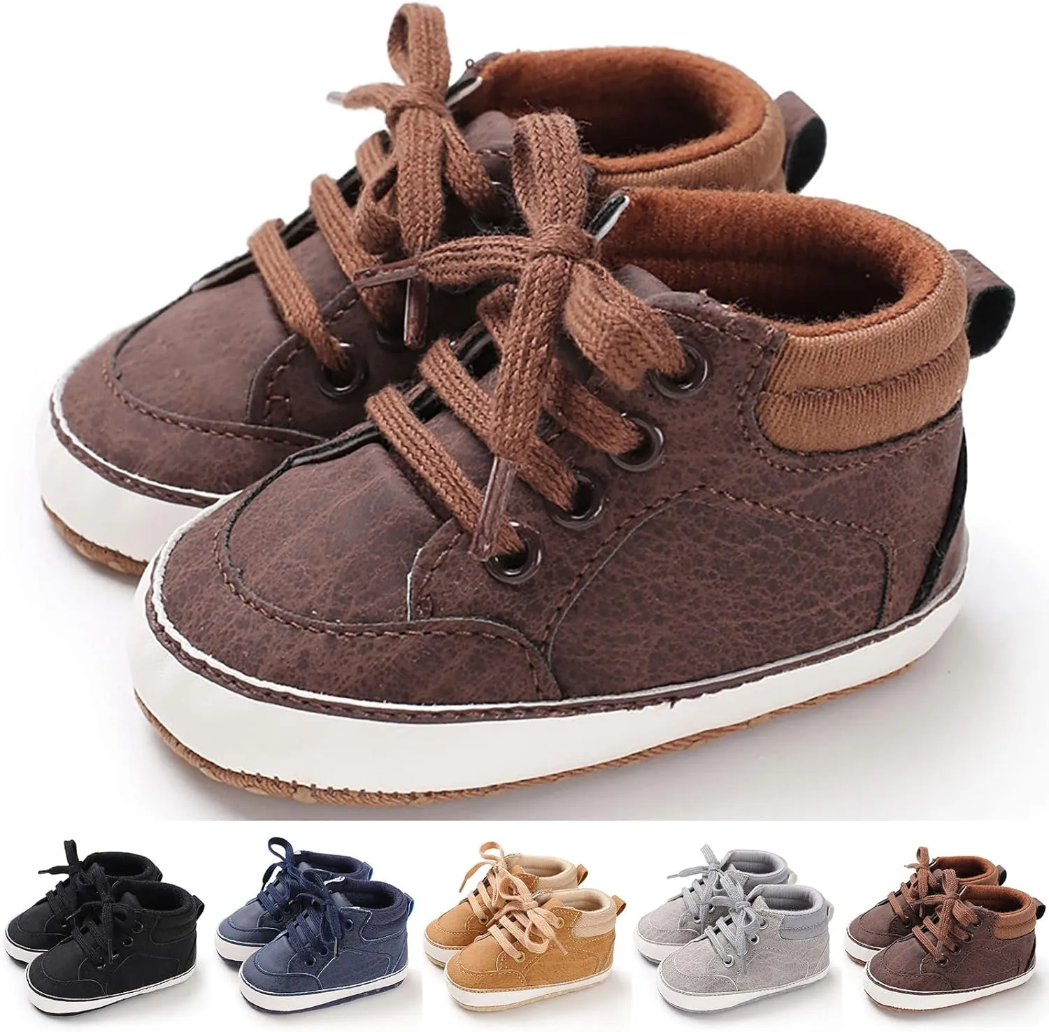 Baby High Top Ankle PU Leather Sneakers Rubber Sole Infant 𝐌occasins Newborn 𝐎xford Loafers Anti-Slip Shoes