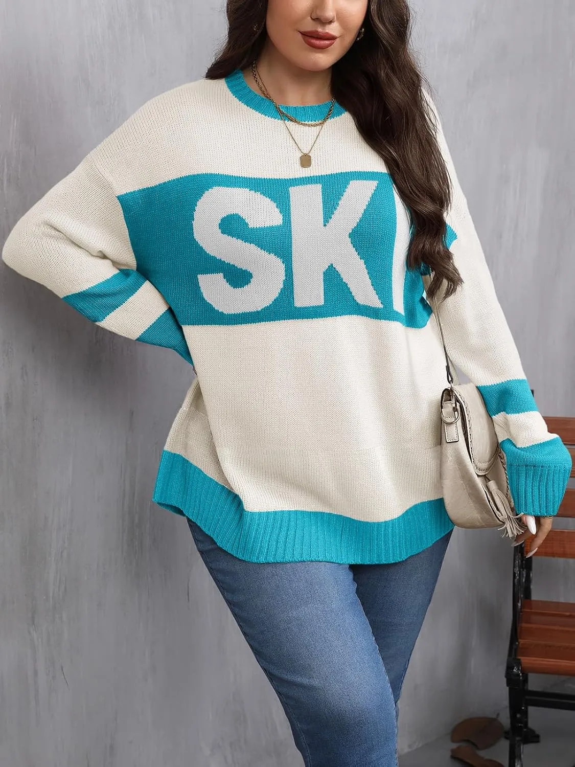 Beautife Womens Plus Size Ski Print Color Block Sweater Fall Trendy Crew Neck Long Sleeve Loose Pullover Knit Tops