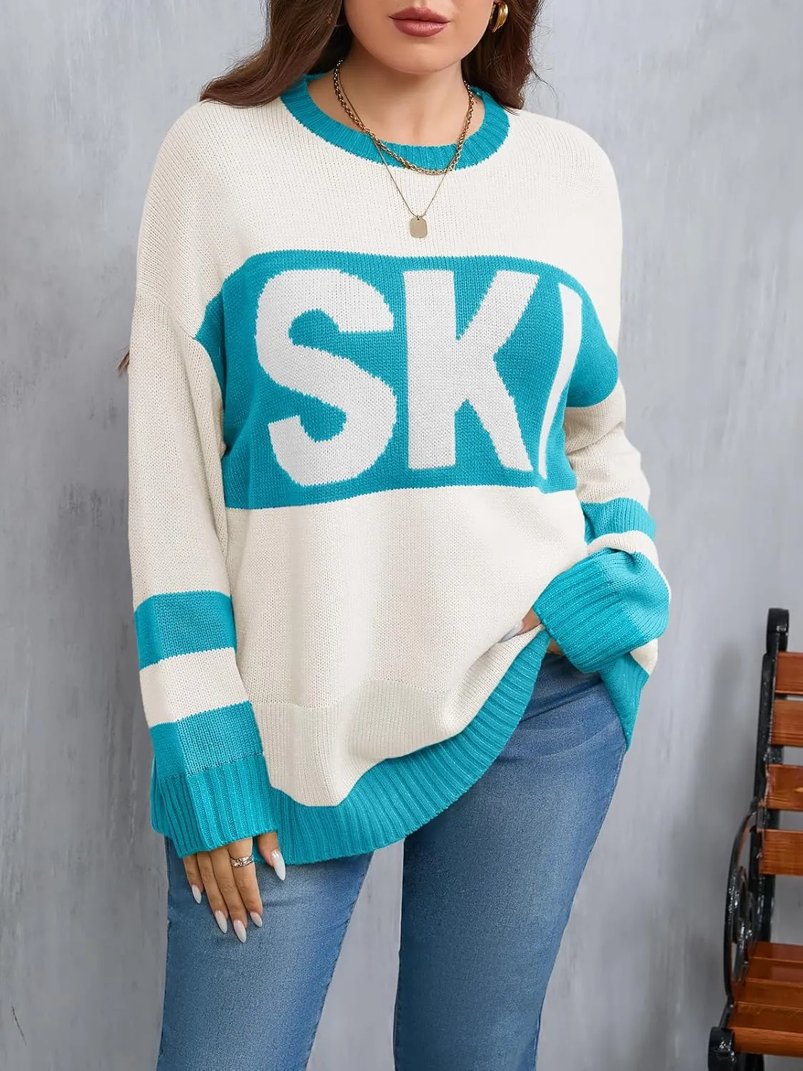 Beautife Womens Plus Size Ski Print Color Block Sweater Fall Trendy Crew Neck Long Sleeve Loose Pullover Knit Tops