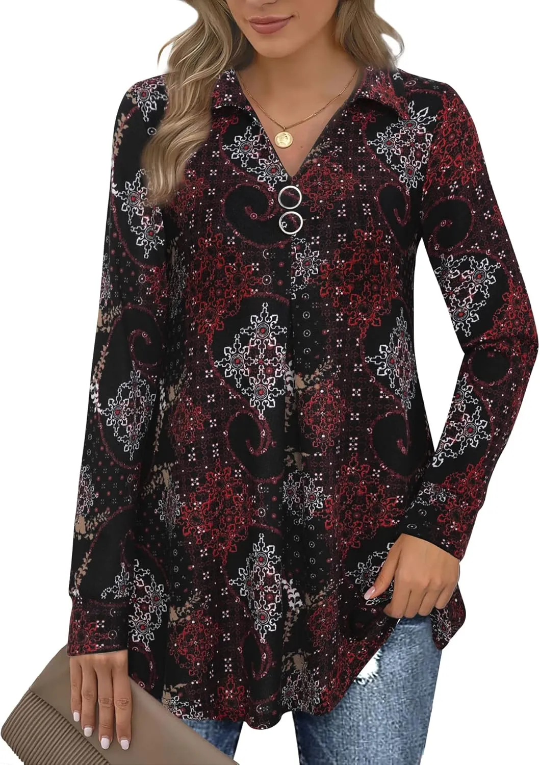 Bebonnie Womens Long Sleeve Casual Lapel V Neck Pullover Tunic Blouse Tops with Buttons