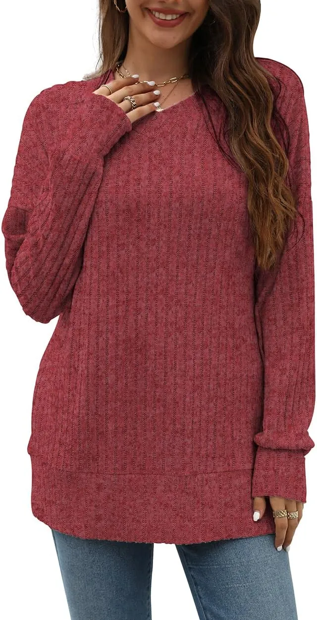 Beimuc V Neck Long Sleeve Shirts for Women Casual Fall Tunic Tops Lightweight Sweaters Loose Fit Fashion Clothes 2025