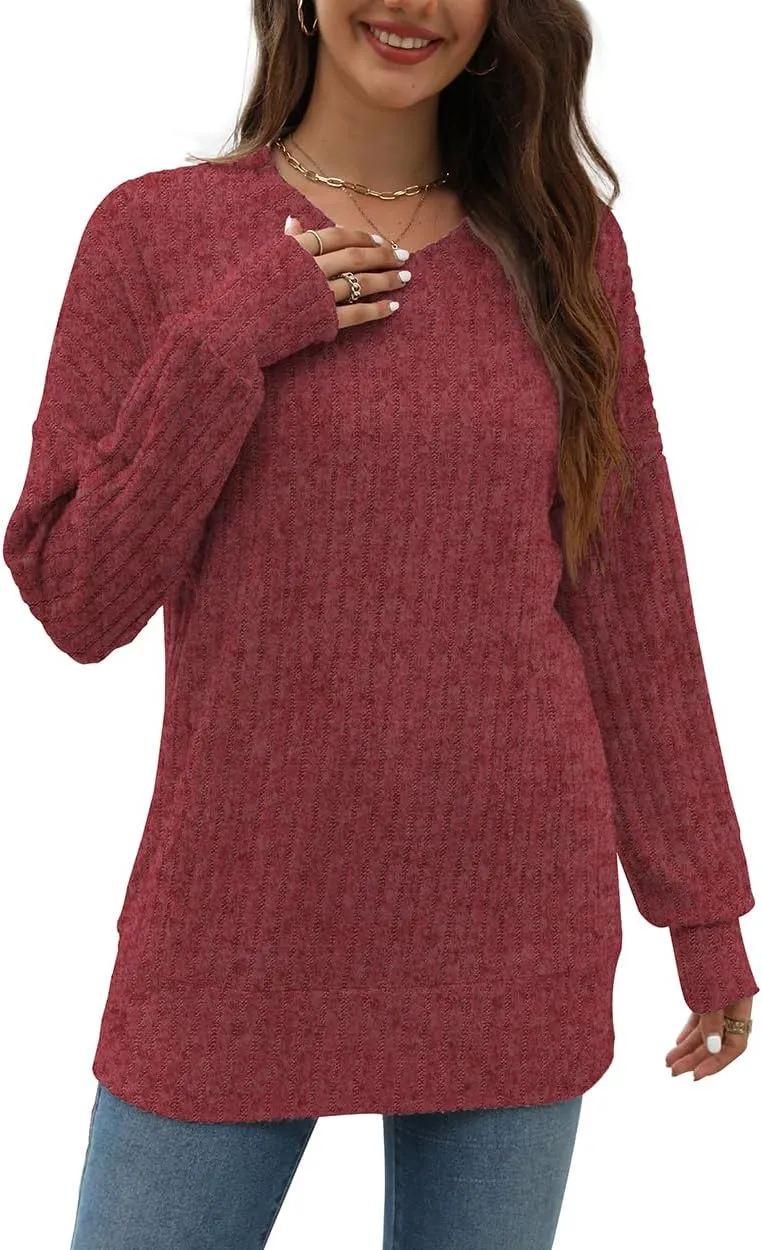 Beimuc V Neck Long Sleeve Shirts for Women Casual Fall Tunic Tops Lightweight Sweaters Loose Fit Fashion Clothes 2025