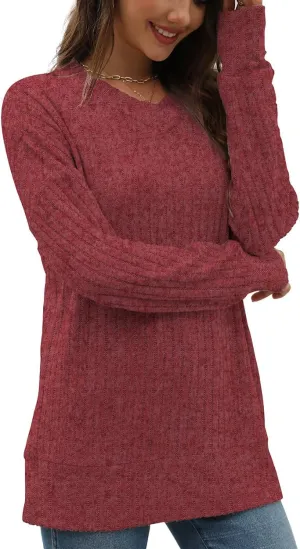Beimuc V Neck Long Sleeve Shirts for Women Casual Fall Tunic Tops Lightweight Sweaters Loose Fit Fashion Clothes 2025