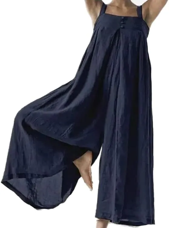 Bengbobar Women 2023 Fashion Linen Strap Wide Leg Jumpsuits Casual Loose Square Neck Overalls Plus Size Rompers