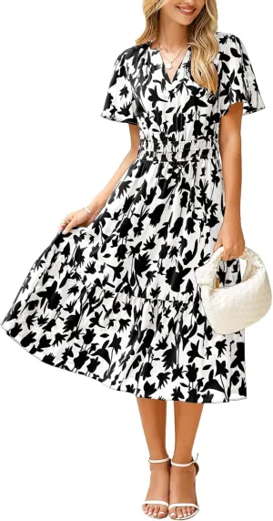 BerryGo Women's Floral Summer Short Sleeve Midi Dress V Neck Empire Waist Swing Flowy Boho Dress