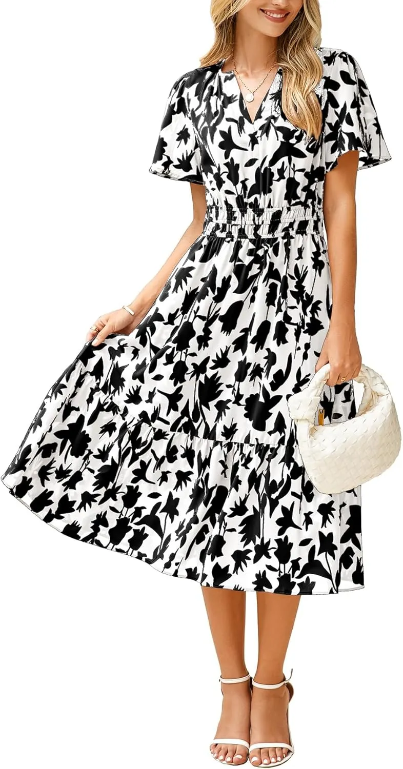 BerryGo Women's Floral Summer Short Sleeve Midi Dress V Neck Empire Waist Swing Flowy Boho Dress
