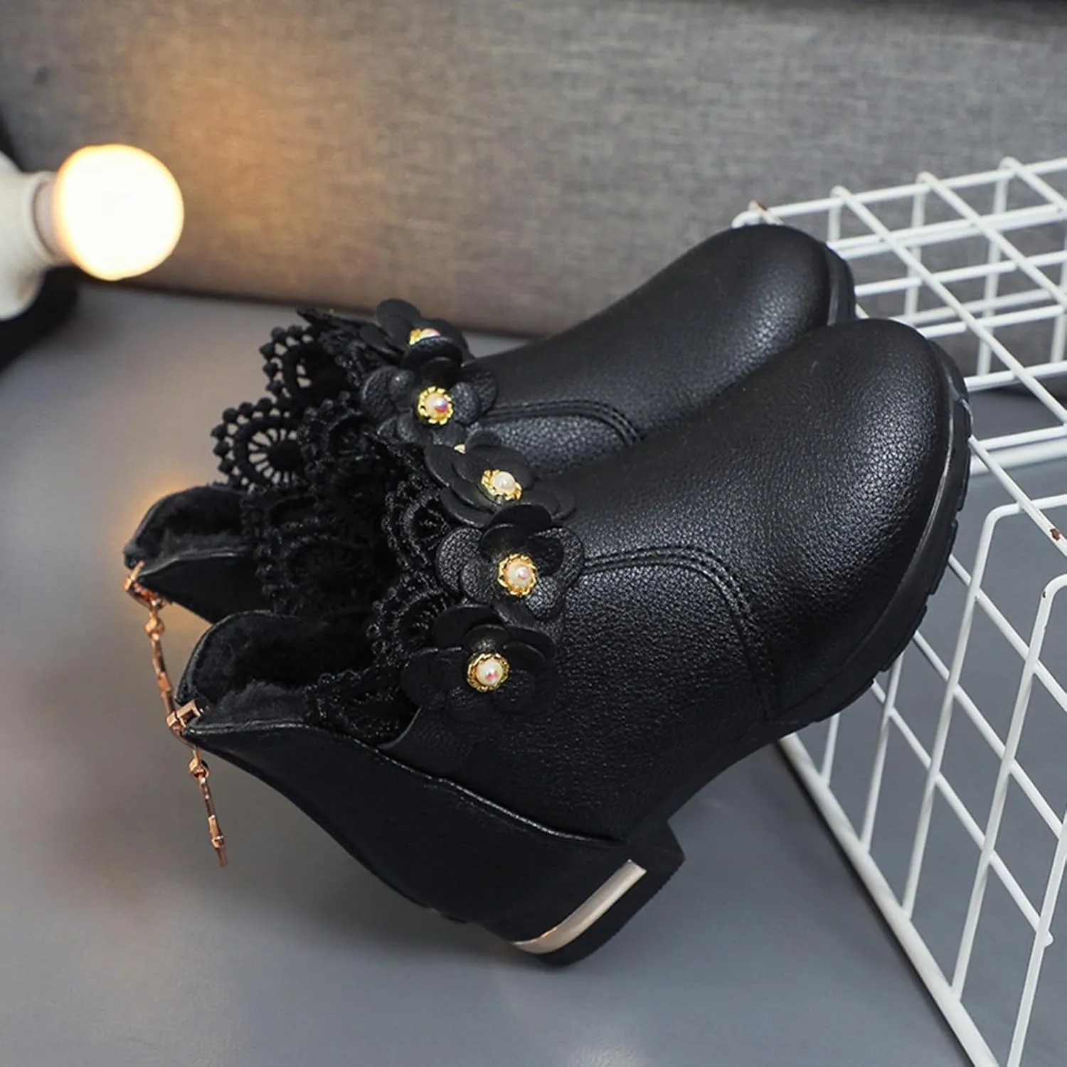 Big Kids Girls Fashion Ankle Boots Low Tube 3D Flower Faux  Lined Leather Boots Winter Formal Dress Shoes