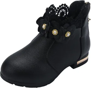 Big Kids Girls Fashion Ankle Boots Low Tube 3D Flower Faux  Lined Leather Boots Winter Formal Dress Shoes
