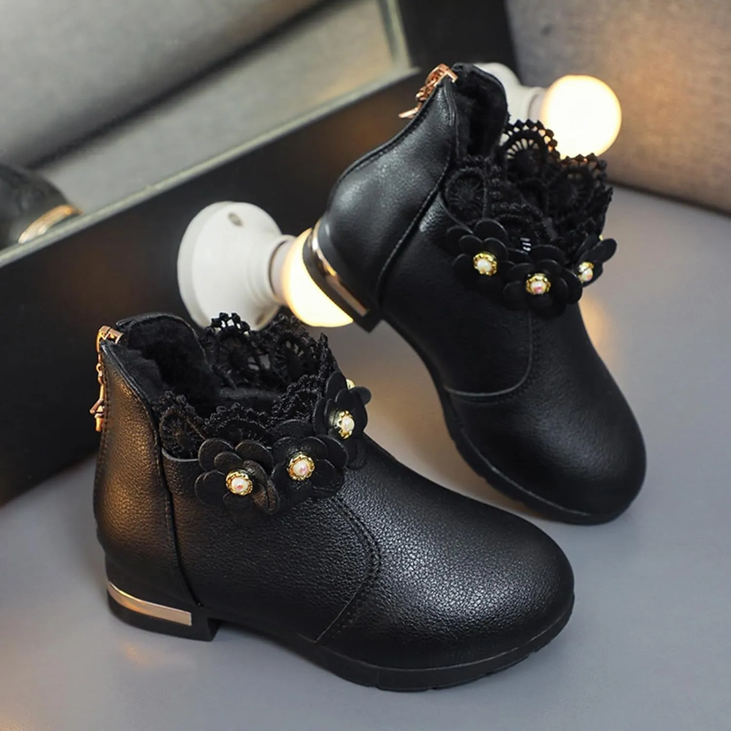 Big Kids Girls Fashion Ankle Boots Low Tube 3D Flower Faux  Lined Leather Boots Winter Formal Dress Shoes