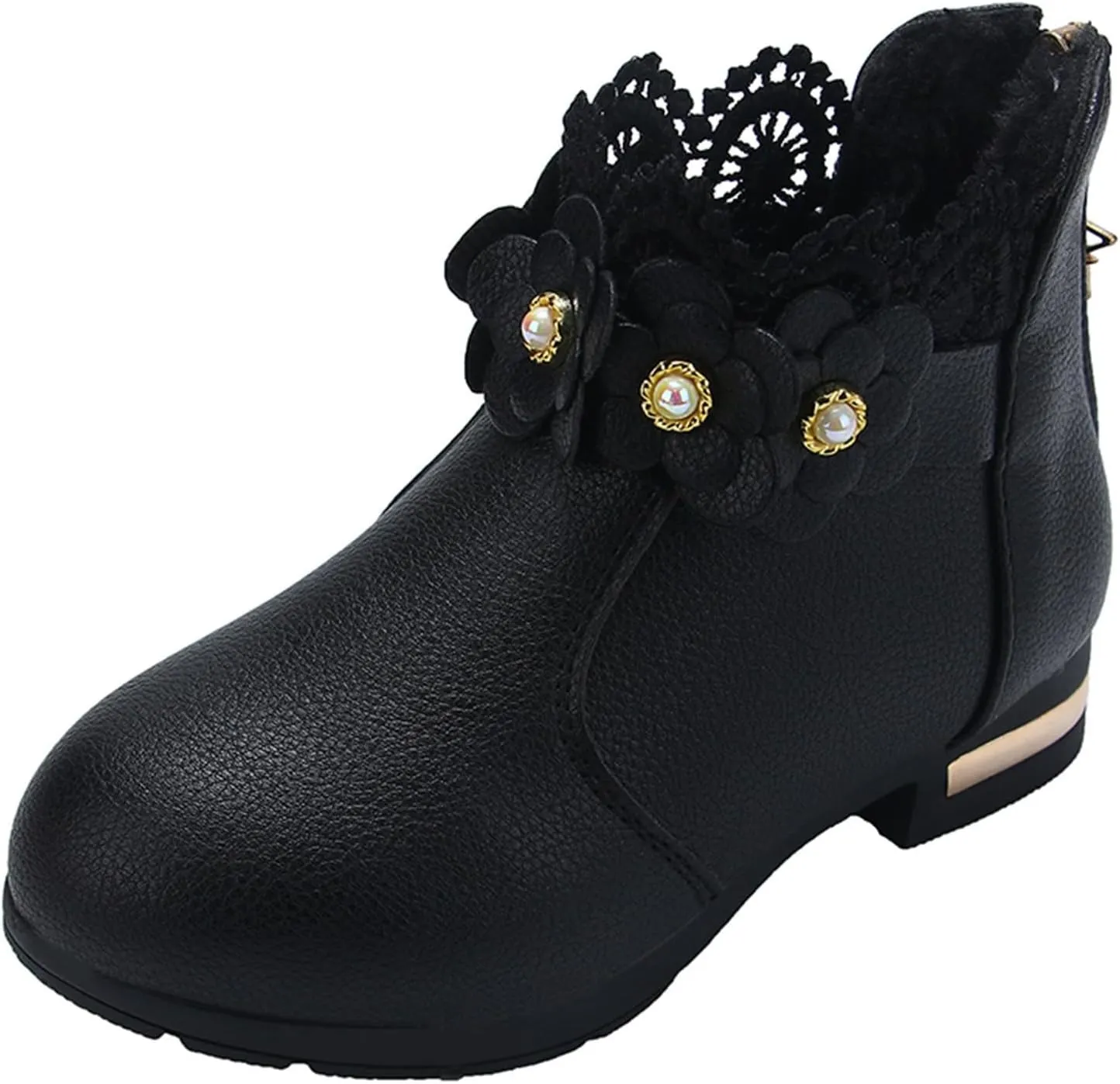 Big Kids Girls Fashion Ankle Boots Low Tube 3D Flower Faux  Lined Leather Boots Winter Formal Dress Shoes
