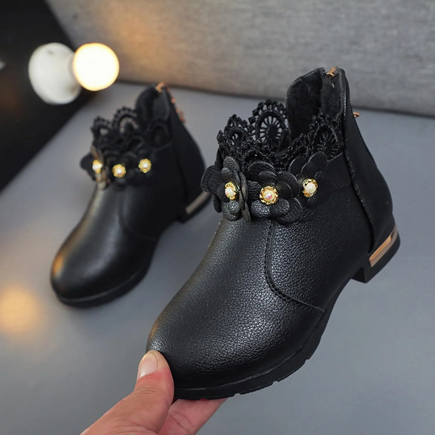 Big Kids Girls Fashion Ankle Boots Low Tube 3D Flower Faux  Lined Leather Boots Winter Formal Dress Shoes