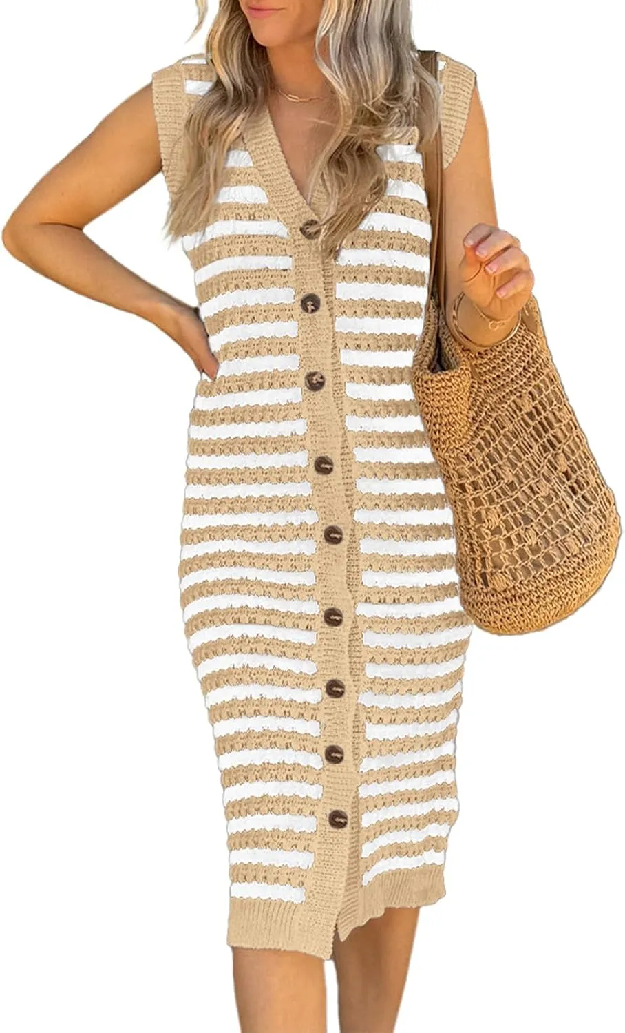 BLENCOT Women's V Neck Striped Summer Tank Dress Causal Sleeveless Button Cardigan Midi Cover Up Dresses
