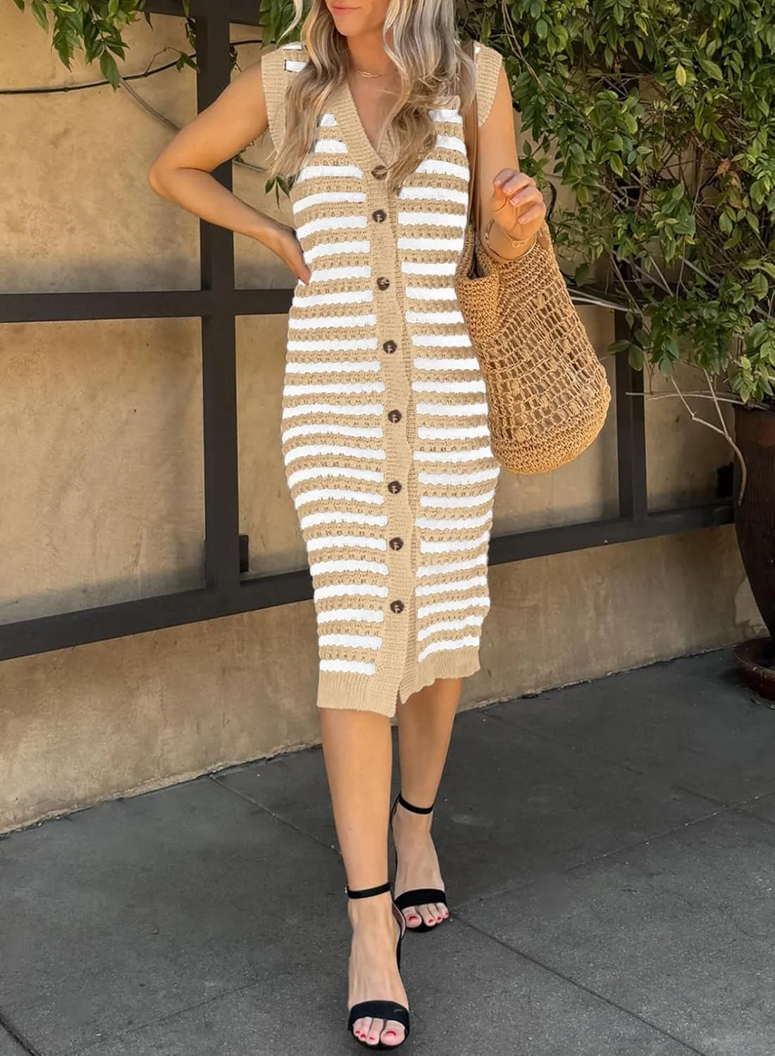 BLENCOT Women's V Neck Striped Summer Tank Dress Causal Sleeveless Button Cardigan Midi Cover Up Dresses