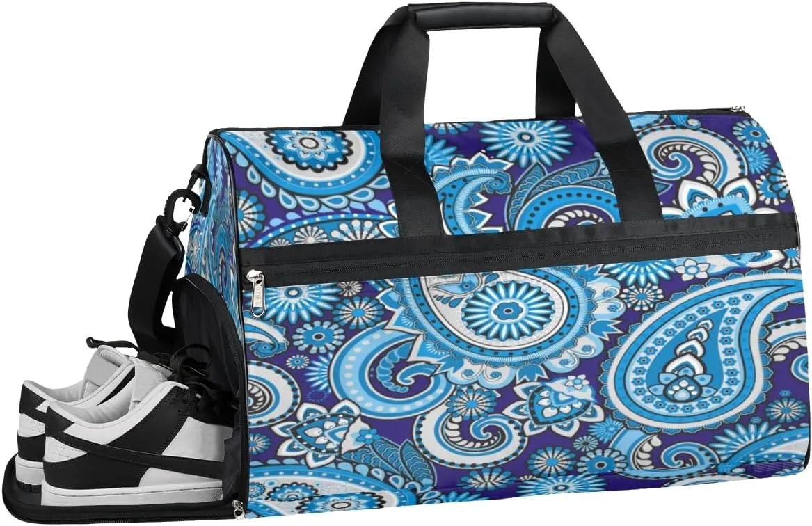 Blue Paisley Sports Gym Bag with Wet Pocket & Shoes Compartment Waterproof Workout Duffel Bag for Women and Men Weekender Overnight Duffle Bag Travel Carry-on Tote
