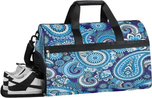 Blue Paisley Sports Gym Bag with Wet Pocket & Shoes Compartment Waterproof Workout Duffel Bag for Women and Men Weekender Overnight Duffle Bag Travel Carry-on Tote