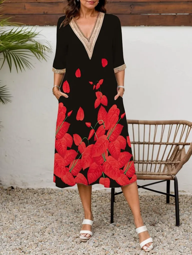Boho Floral Print Midi Dress for Women Lace V Neck Short Sleeve Summer Casual A Line Dresses with Pockets