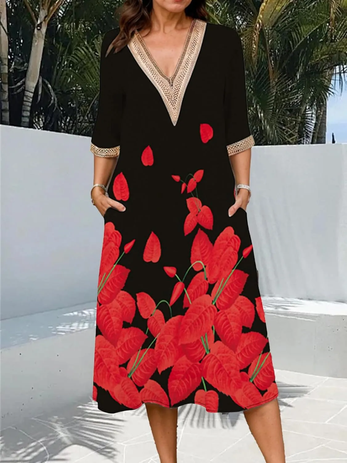 Boho Floral Print Midi Dress for Women Lace V Neck Short Sleeve Summer Casual A Line Dresses with Pockets