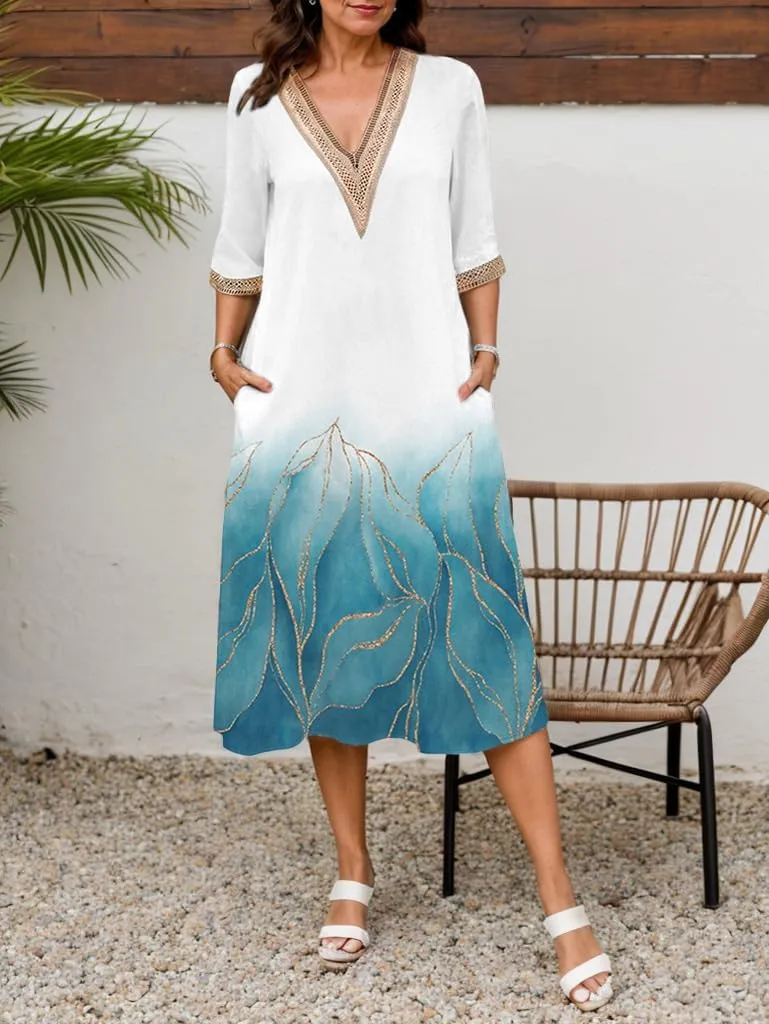 Boho Floral Print Midi Dress for Women Lace V Neck Short Sleeve Summer Casual A Line Dresses with Pockets