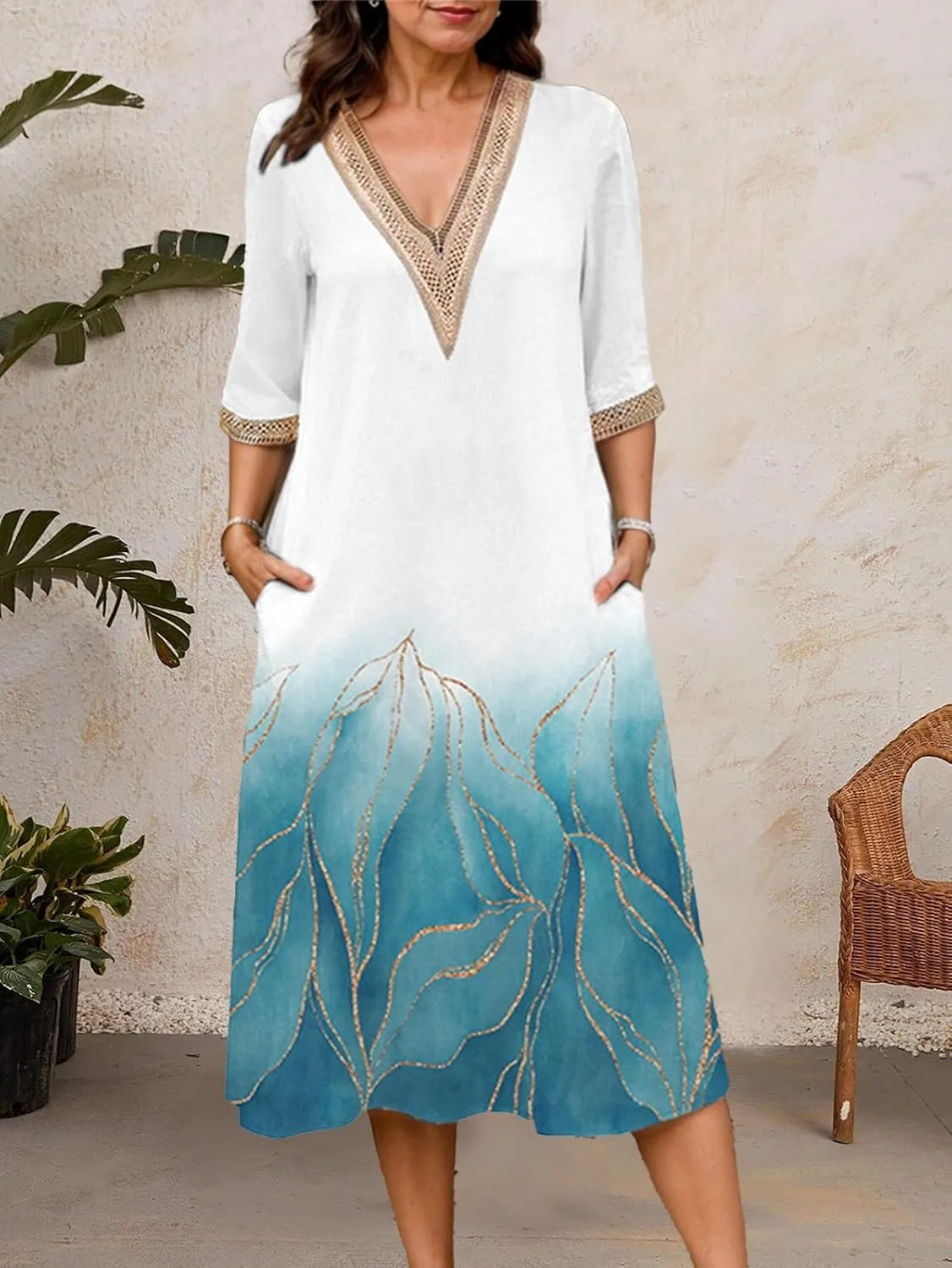 Boho Floral Print Midi Dress for Women Lace V Neck Short Sleeve Summer Casual A Line Dresses with Pockets