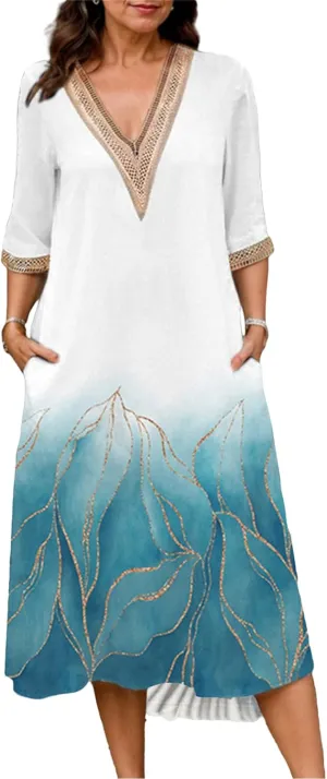 Boho Floral Print Midi Dress for Women Lace V Neck Short Sleeve Summer Casual A Line Dresses with Pockets