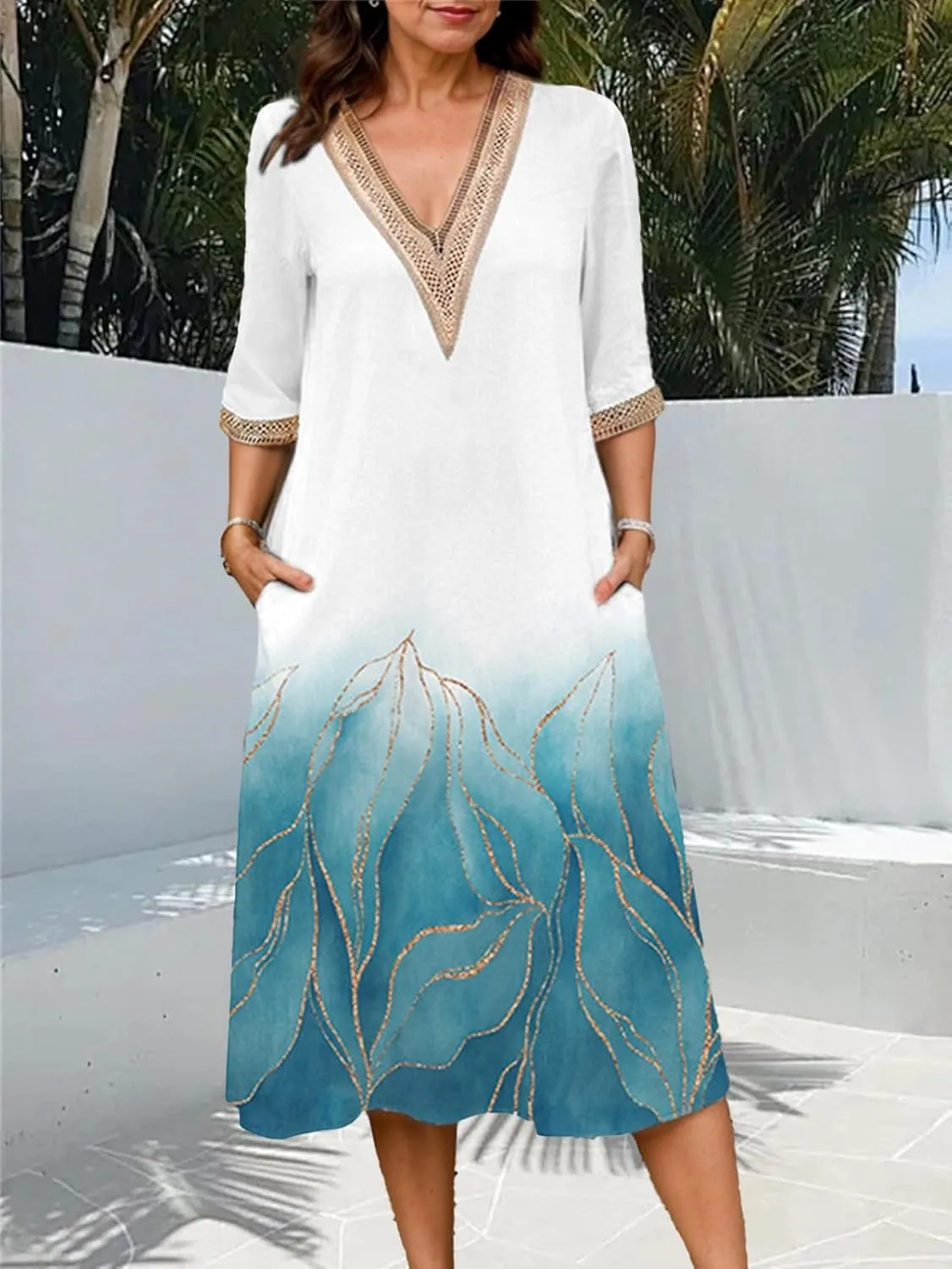 Boho Floral Print Midi Dress for Women Lace V Neck Short Sleeve Summer Casual A Line Dresses with Pockets