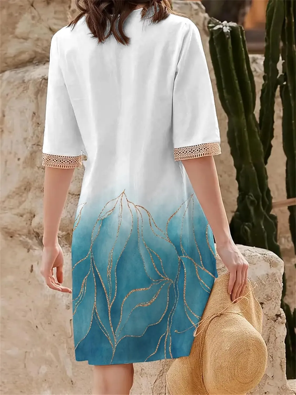 Boho Floral Print Midi Dress for Women Lace V Neck Short Sleeve Summer Casual A Line Dresses with Pockets
