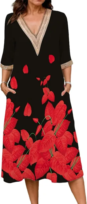 Boho Floral Print Midi Dress for Women Lace V Neck Short Sleeve Summer Casual A Line Dresses with Pockets