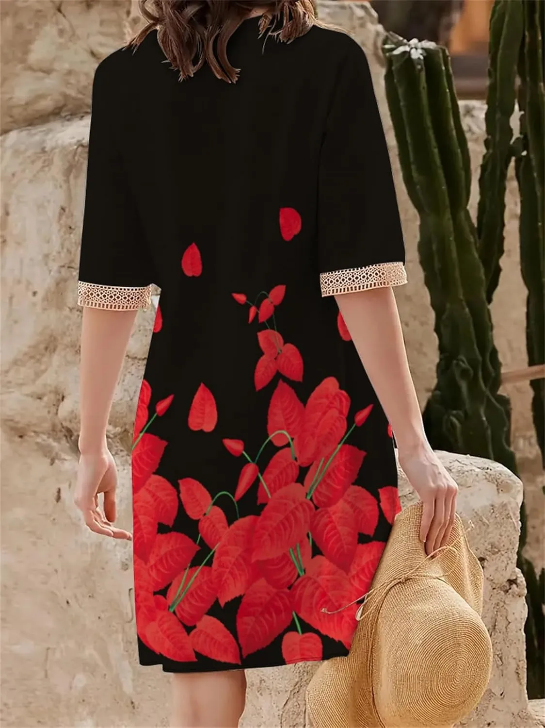 Boho Floral Print Midi Dress for Women Lace V Neck Short Sleeve Summer Casual A Line Dresses with Pockets
