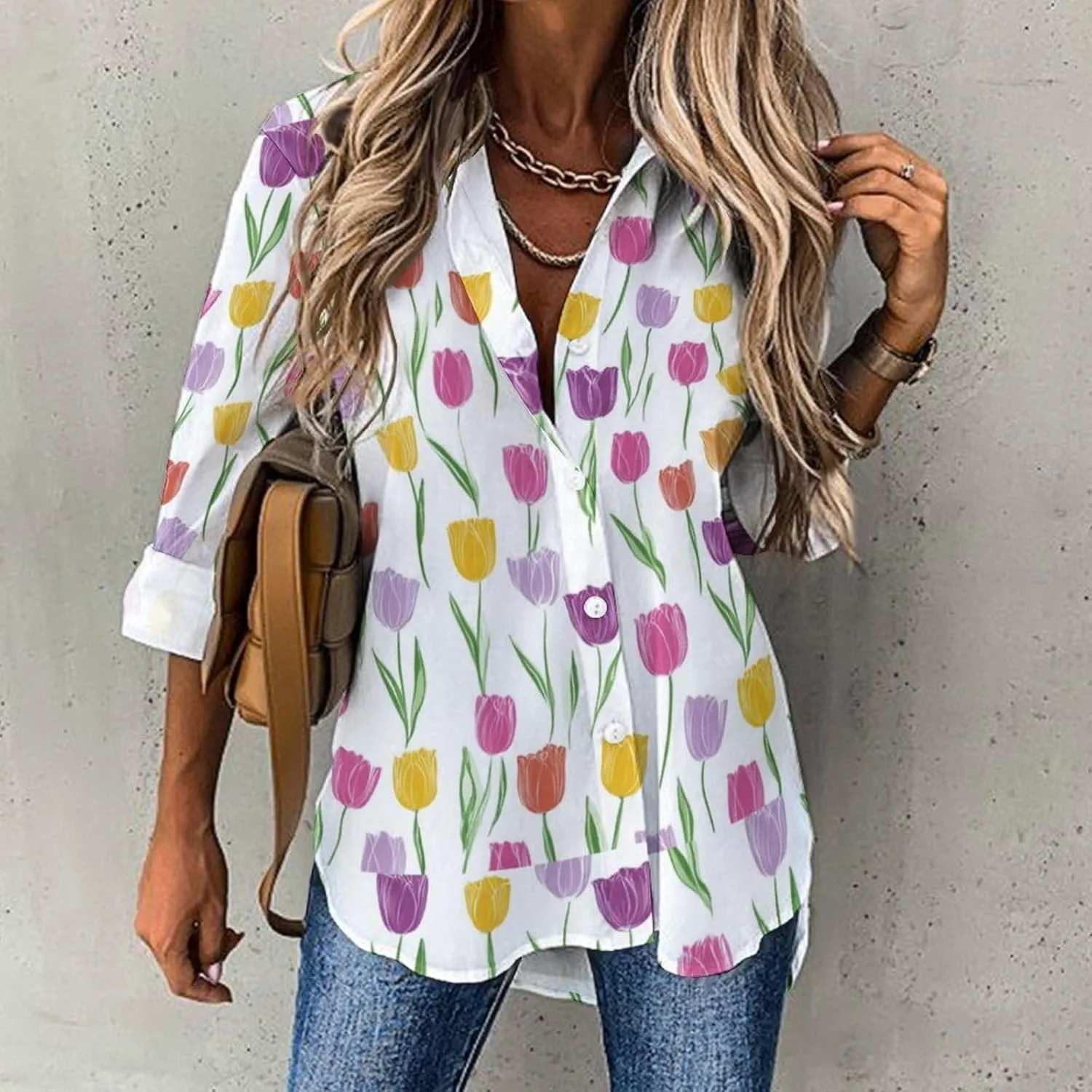 Boho Women's Cotton Linen Floral Printed Blouse Ladies Summer Lapel Collar Long Sleeve Button Down Tunic Tops